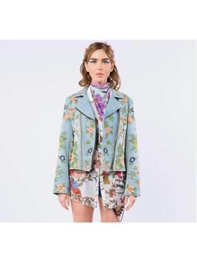 Aratta Bohemian Floral Denim Jacket with Studded Trim & Embroidery Sz L NWT